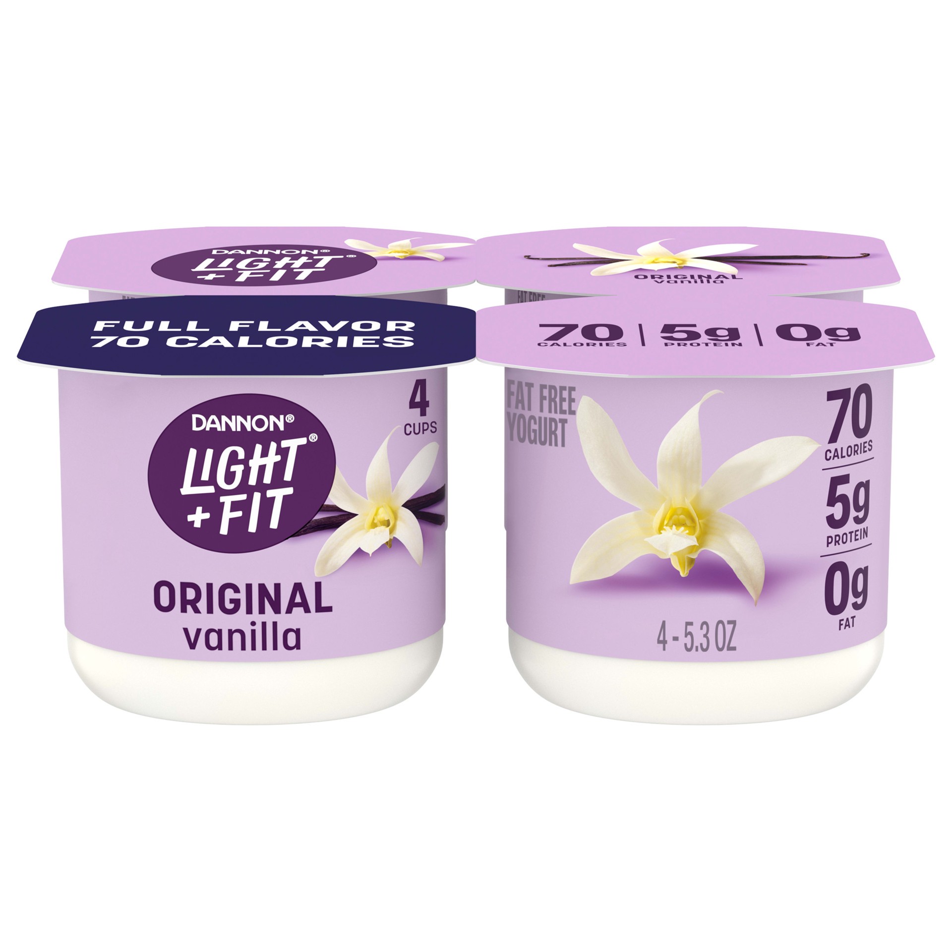 slide 1 of 5, Light + Fit Dannon Light + Fit Vanilla Original Nonfat Yogurt Pack, 0 Fat and 70 Calories, Creamy and Delicious Vanilla Yogurt, 4 Ct, 5.3 OZ Cups, 21.2 fl oz