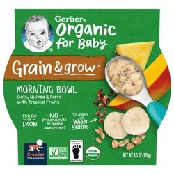 Gerber Organic Grain & Grow Morning Bowl, Oats Red Quinoa & Farro with Tropical Fruits, 4.5 oz Tray