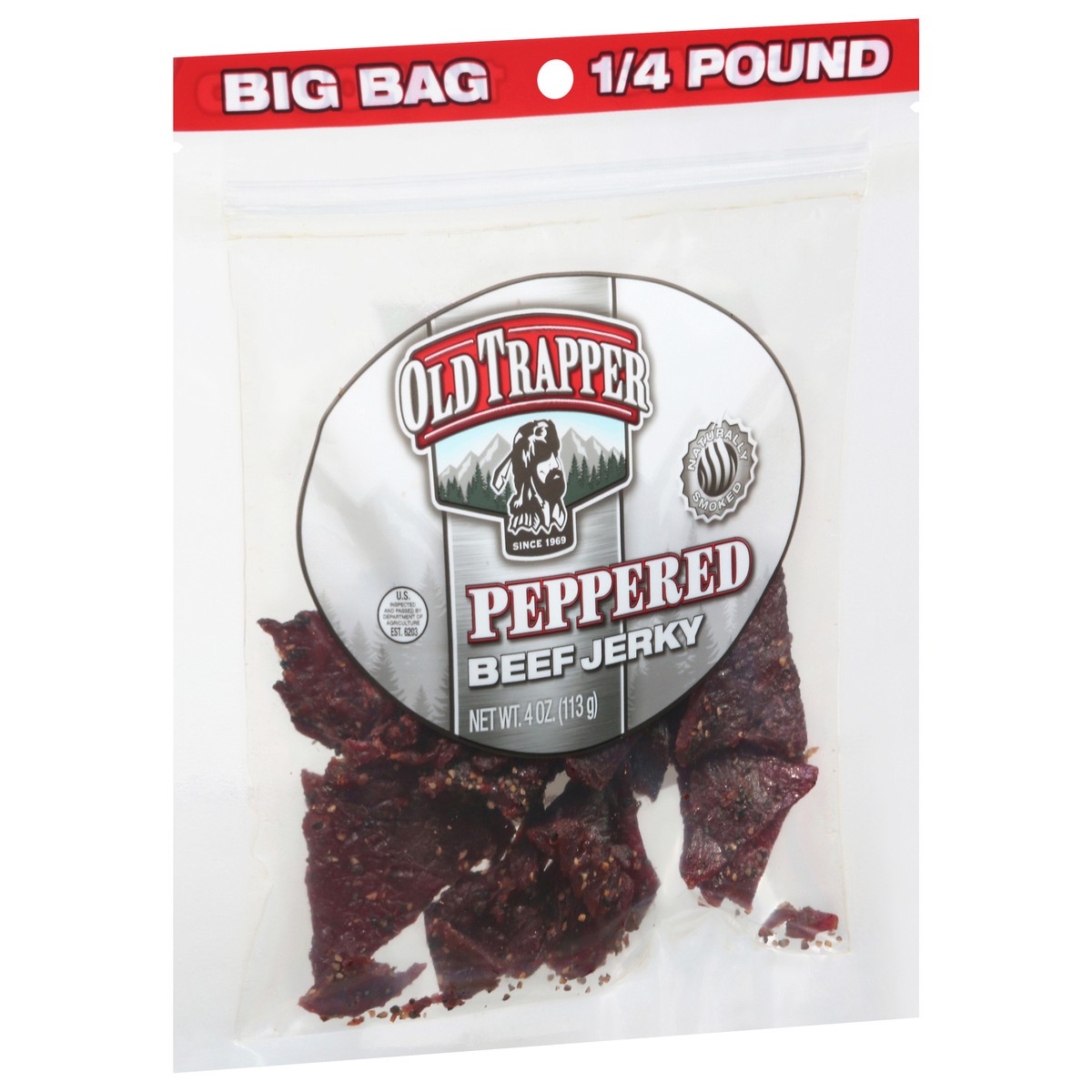 slide 6 of 11, Old Trapper Peppered Beef Jerky Big Bag 4 oz, 4 oz