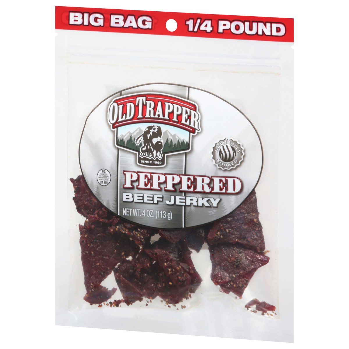 slide 8 of 11, Old Trapper Peppered Beef Jerky Big Bag 4 oz, 4 oz