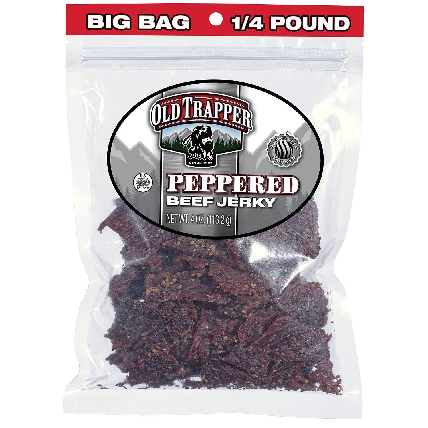 slide 1 of 11, Old Trapper Peppered Beef Jerky Big Bag 4 oz, 4 oz
