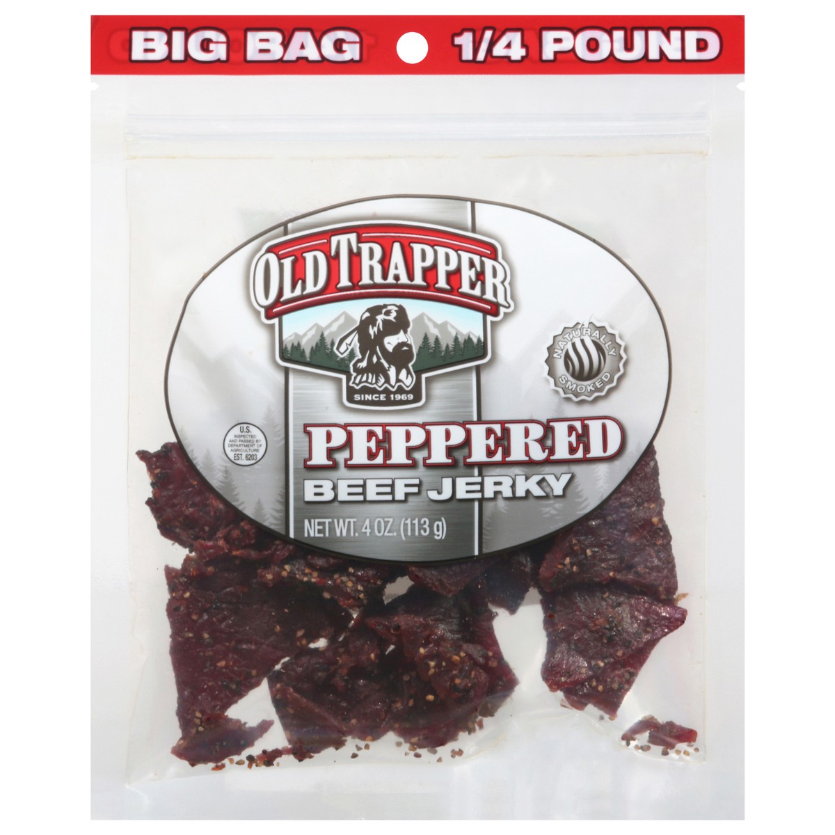 slide 2 of 11, Old Trapper Peppered Beef Jerky Big Bag 4 oz, 4 oz