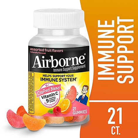 slide 1 of 1, Airborne Immune Support Supplement Gummies 750mg Assorted Fruit Flavor - 21 Count, 21 ct