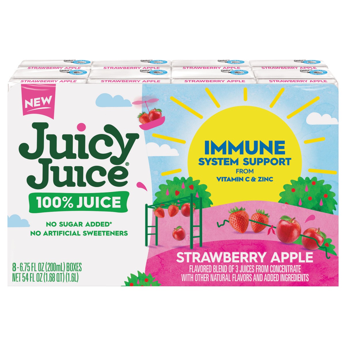 slide 1 of 8, Juicy Juice 100% Juice Immune System Support From Vitamin C And Zinc, Strawberry Apple, 8 Count, 6.75 Fl Oz Juice Boxes, 8 ct