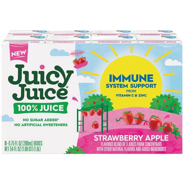 slide 1 of 1, Juicy Juice 100% Juice Immune System Support From Vitamin C And Zinc, Strawberry Apple, 8 Count, 6.75 Fl Oz Juice Boxes, 8 ct
