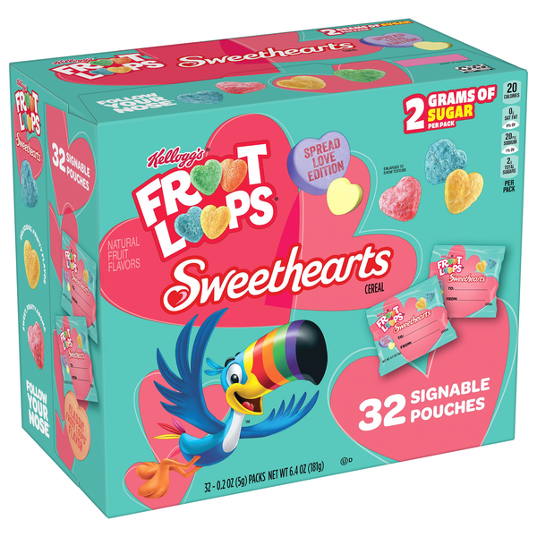 slide 1 of 1, Kellogg's Froot Loops Sweethearts, 32-0.2 Oz Signable Pouches, 6.4 oz
