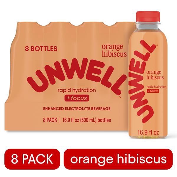slide 1 of 1, Unwell Hydration Electrolyte Drink for Rapid Hydration + Focus – Orange Hibiscus, 8 Pack, 16.9 fl oz