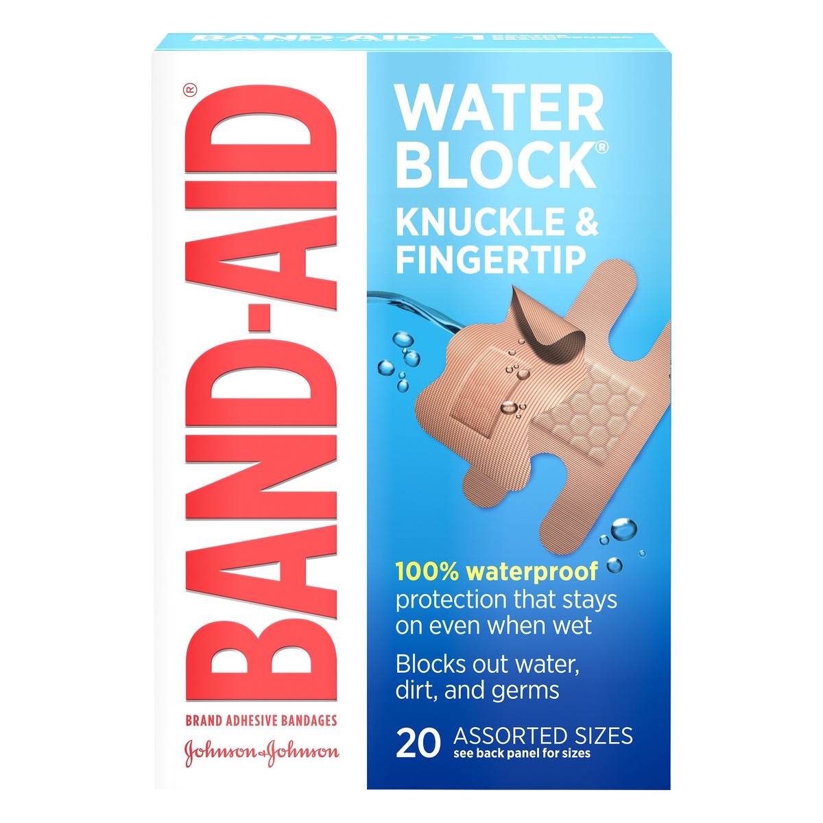 slide 1 of 7, BAND-AID Water Block Waterproof Adhesive Bandages for Fingertip and Knuckle, for Wound Care of Minor Cuts and Scrapes, 20 ct, 20 ct