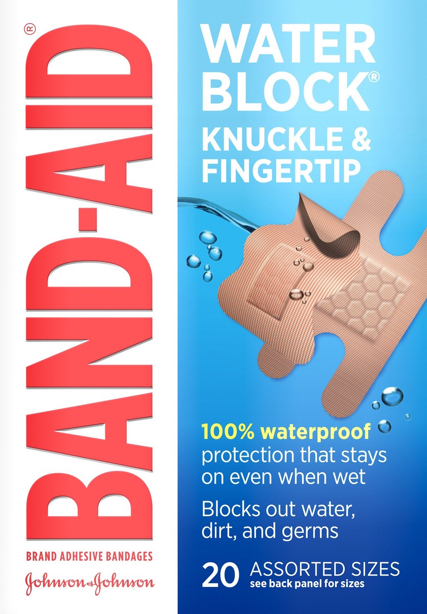 slide 5 of 7, BAND-AID Water Block Waterproof Adhesive Bandages for Fingertip and Knuckle, for Wound Care of Minor Cuts and Scrapes, 20 ct, 20 ct