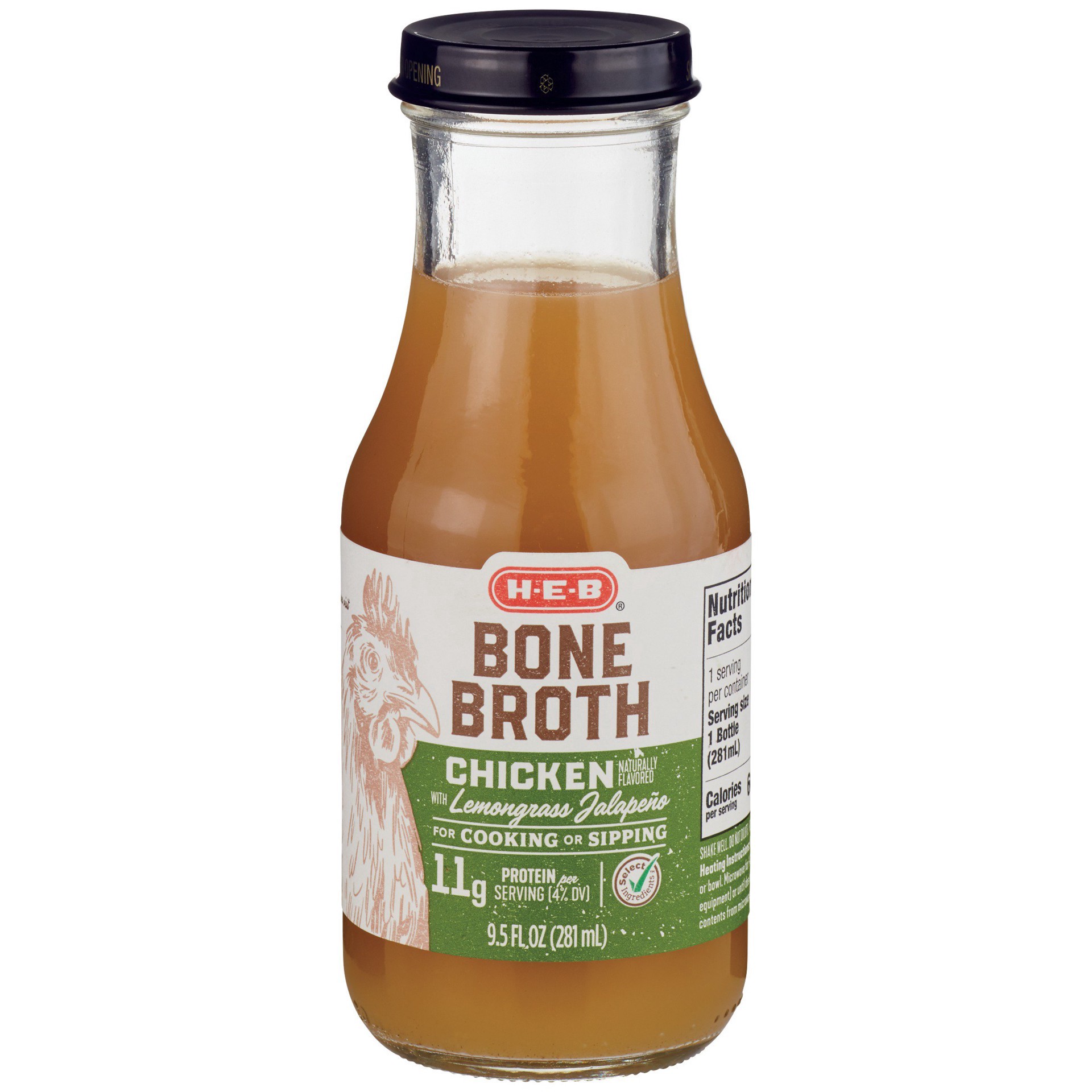 slide 1 of 1, H-E-B Select IngredientsChicken Lemongrass Jalapeno Bone Broth, 9.5 oz