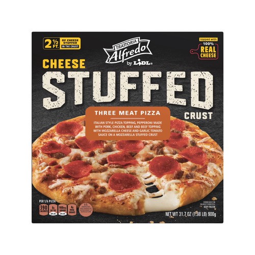 slide 1 of 1, Trattoria Alfredo frozen cheese stuffed crust pizza, three meat, 31.7 oz