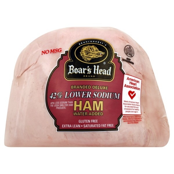 slide 1 of 1, Boar's Head Sliced Branded Deluxe 42% Lower Sodium Ham, per lb