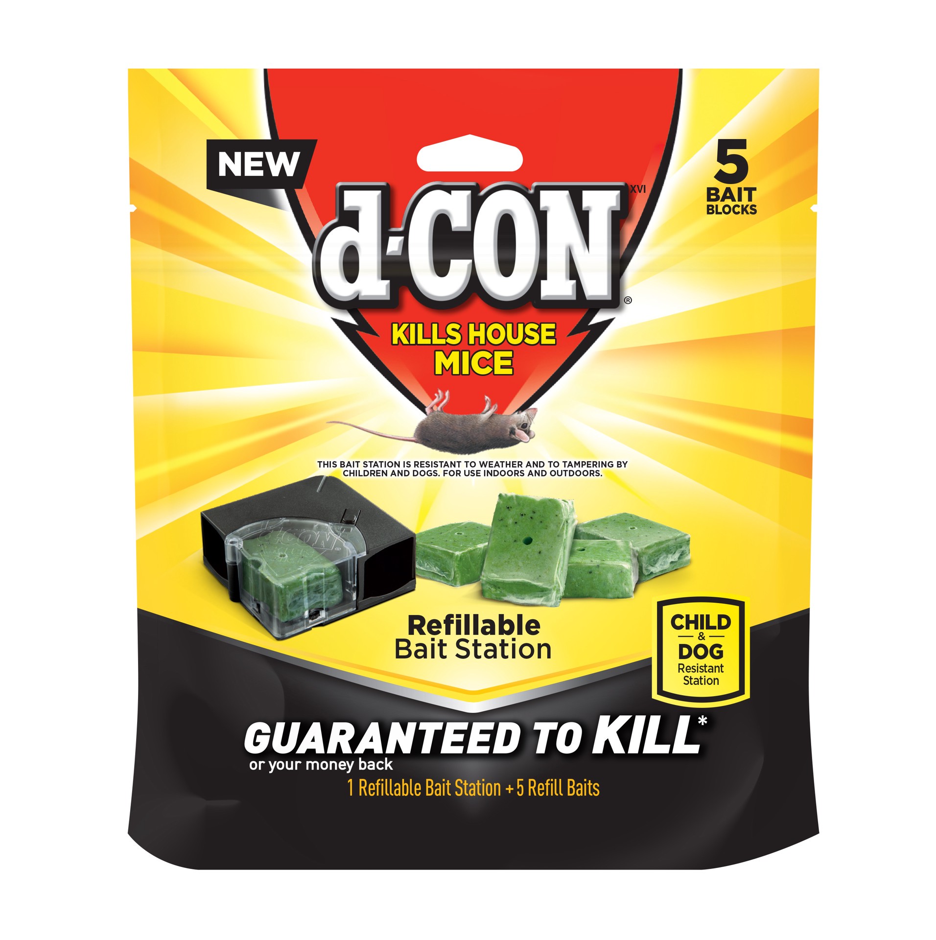 slide 1 of 2, d-Con Refillable Corner Fit Mouse Poison Bait Station, 1 Trap + 5 Refills, 5 ct