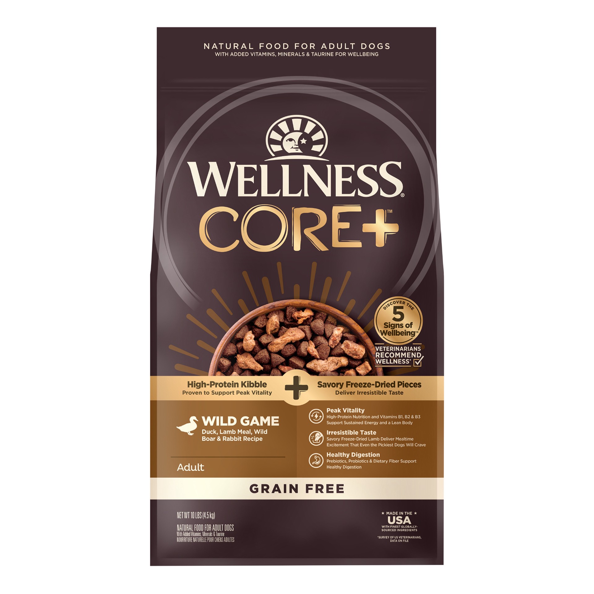 slide 1 of 5, Wellness CORE+ (Formerly RawRev) Natural Grain Free Dry Dog Food, Wild Game Duck, Wild Boar & Rabbit with Freeze Dried Lamb, 10-Pound Bag, 1 ct