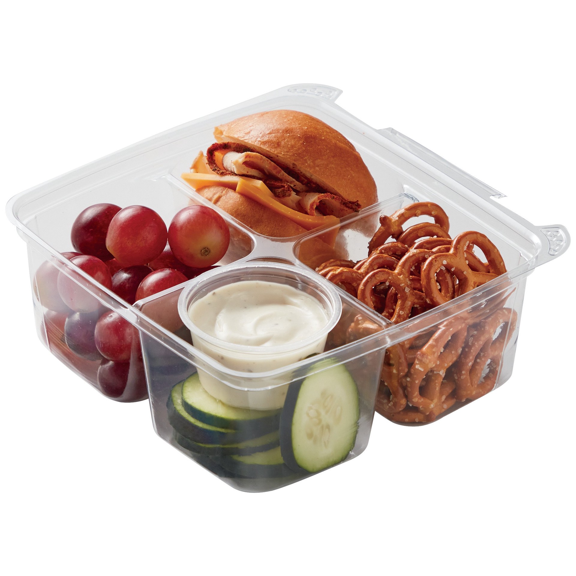 slide 1 of 1, Meal Simple by H-E-B Kids' Turkey & Cheese Slider, Pretzels, Grapes & Cucumber, 1 ct