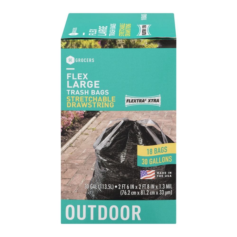 slide 1 of 1, SE Grocers Flex Large Trash Bags Stretchable Drawstring Flextra Outdoor, 18 ct