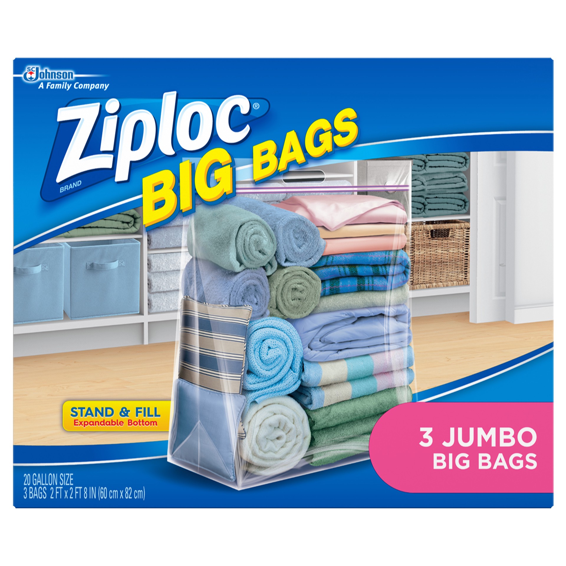 slide 2 of 5, Ziploc Big Bags, Jumbo, Secure Double Zipper, 3 CT, Expandable Bottom, Heavy-Duty Plastic, Built-In Handles, Flexible Shape to Fit Where Storage Boxes Can't, 3 ct