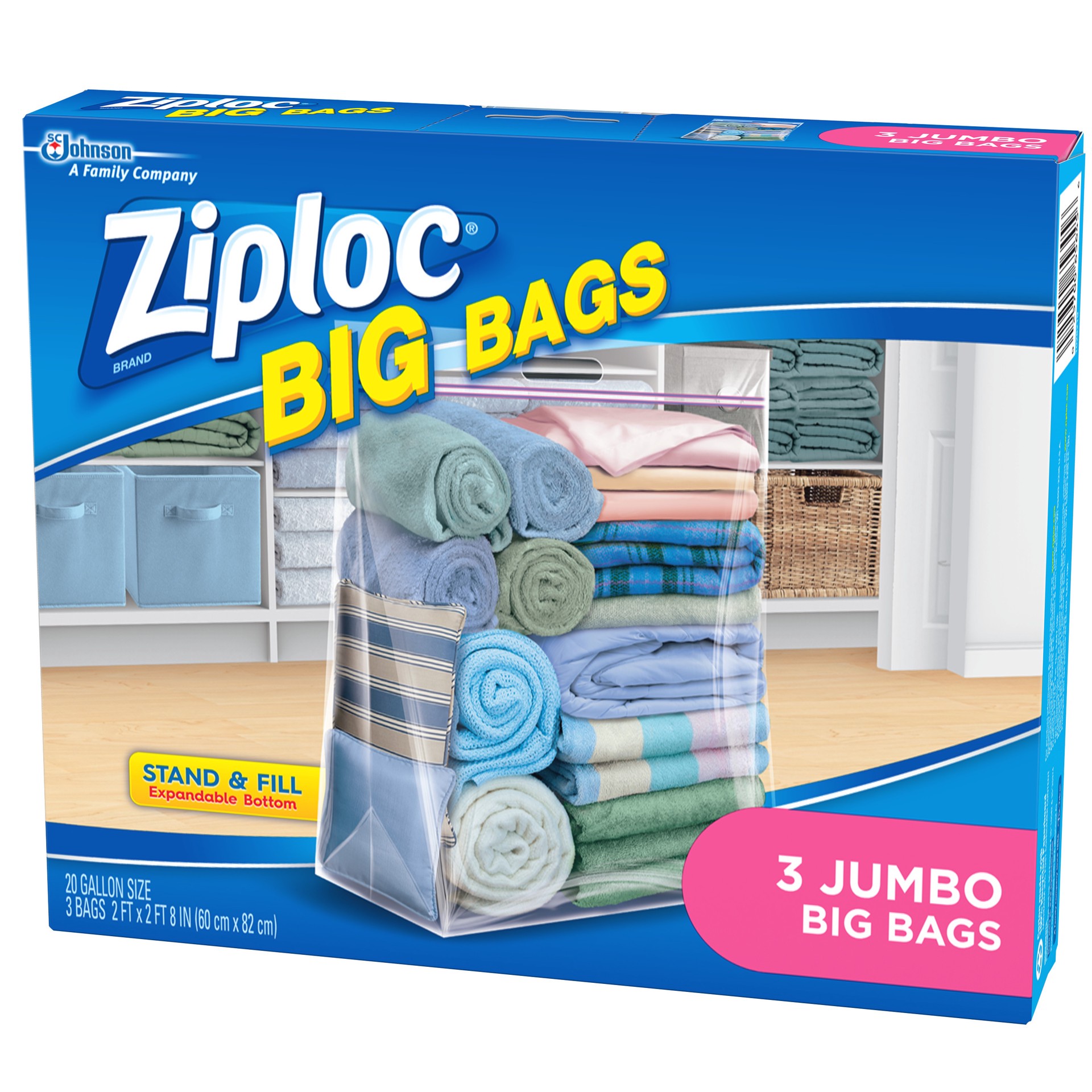 slide 3 of 5, Ziploc Big Bags, Jumbo, Secure Double Zipper, 3 CT, Expandable Bottom, Heavy-Duty Plastic, Built-In Handles, Flexible Shape to Fit Where Storage Boxes Can't, 3 ct