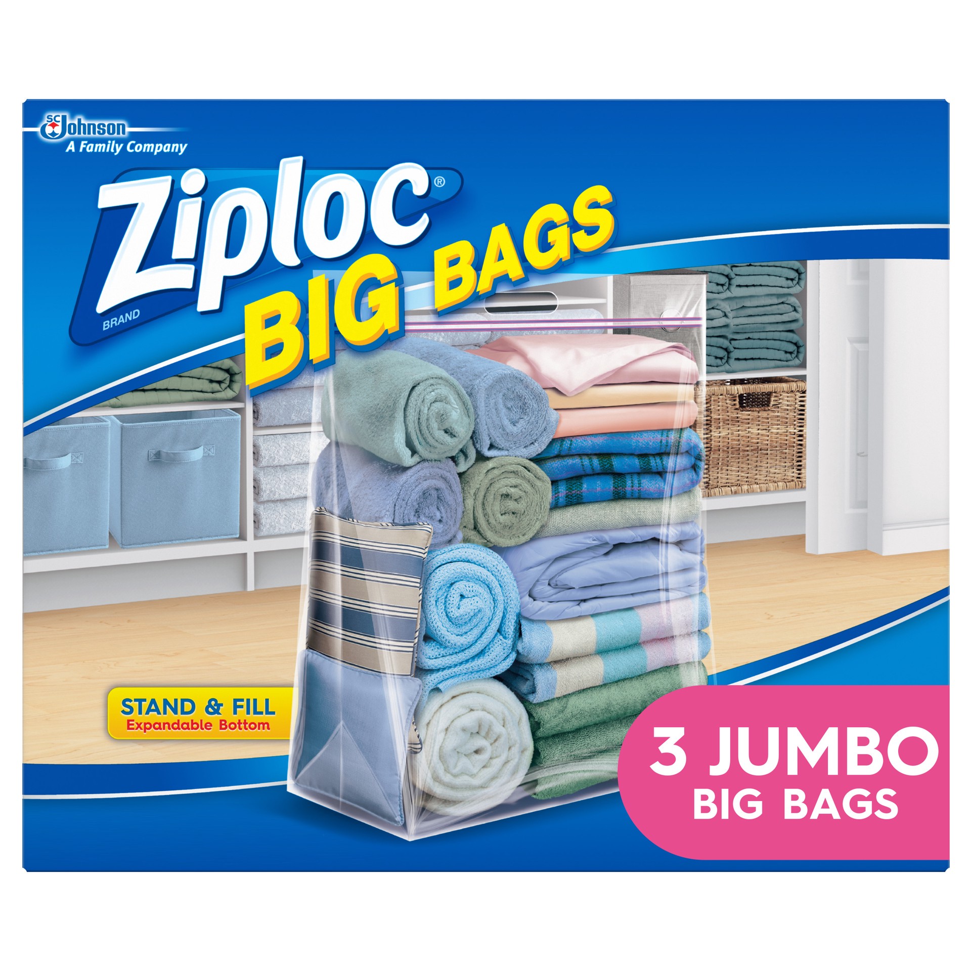 slide 4 of 5, Ziploc Big Bags, Jumbo, Secure Double Zipper, 3 CT, Expandable Bottom, Heavy-Duty Plastic, Built-In Handles, Flexible Shape to Fit Where Storage Boxes Can't, 3 ct