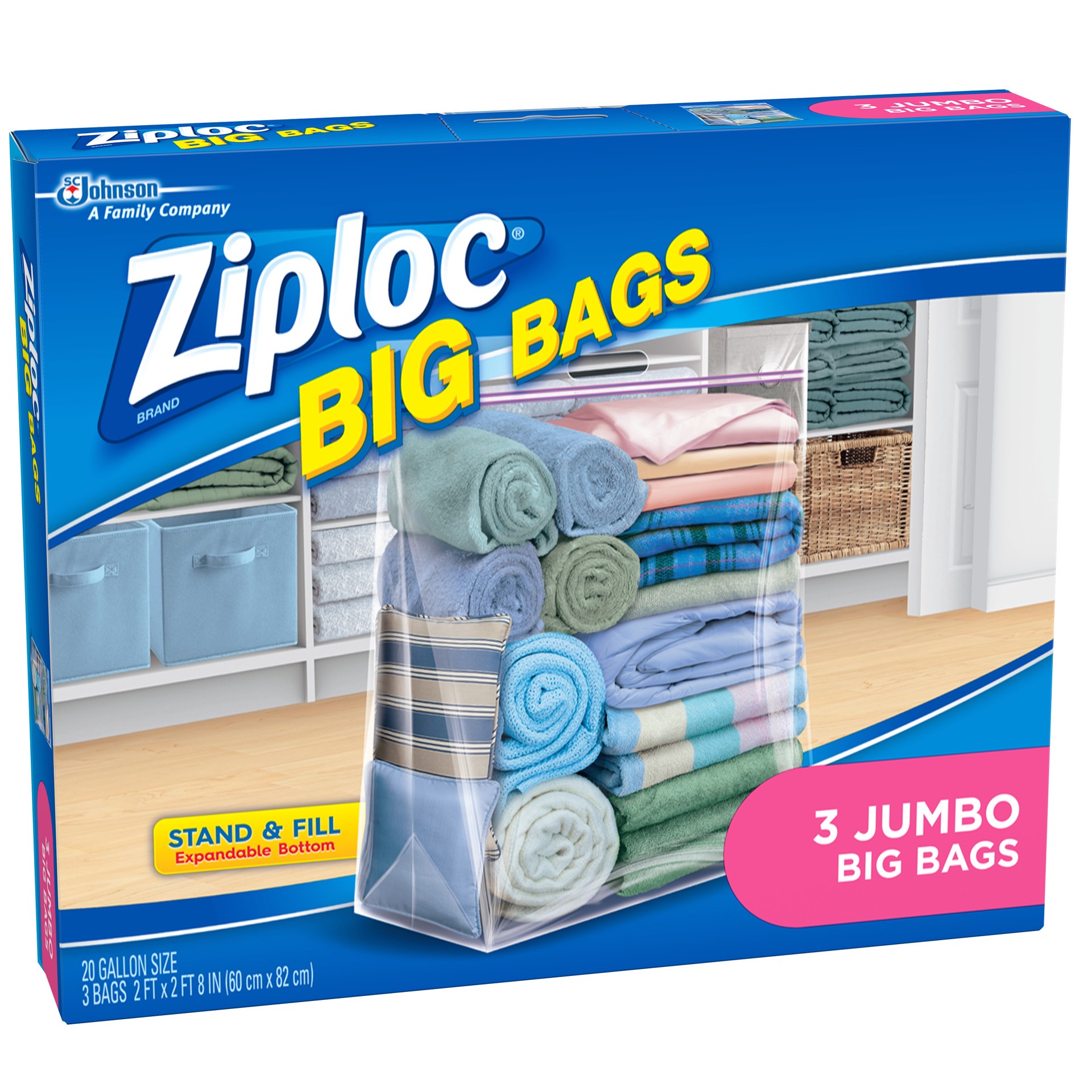 slide 5 of 5, Ziploc Big Bags, Jumbo, Secure Double Zipper, 3 CT, Expandable Bottom, Heavy-Duty Plastic, Built-In Handles, Flexible Shape to Fit Where Storage Boxes Can't, 3 ct