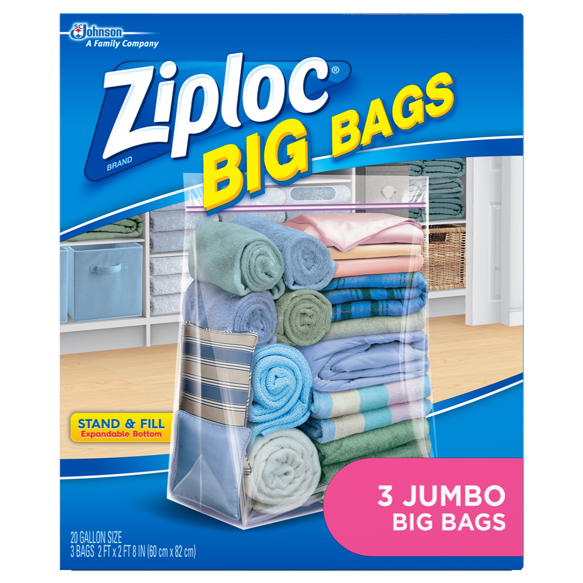 slide 1 of 5, Ziploc Big Bags, Jumbo, Secure Double Zipper, 3 CT, Expandable Bottom, Heavy-Duty Plastic, Built-In Handles, Flexible Shape to Fit Where Storage Boxes Can't, 3 ct