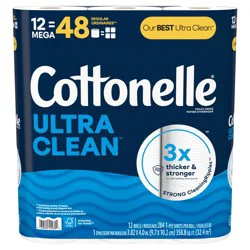 Cottonelle Ultra Clean Toilet Paper, Strong Toilet Tissue, 12 Mega Rolls (12 Mega Rolls = 48 Regular Rolls), 284 Sheets Per Roll