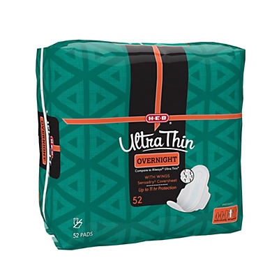 slide 1 of 1, H-E-B Ultra Thin Overnight Pads with Wings, 52 ct