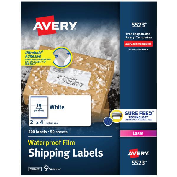 slide 1 of 10, Avery Weatherproof Laser Mailing Labels with Trueblock Technology, 5523, White, 500 ct