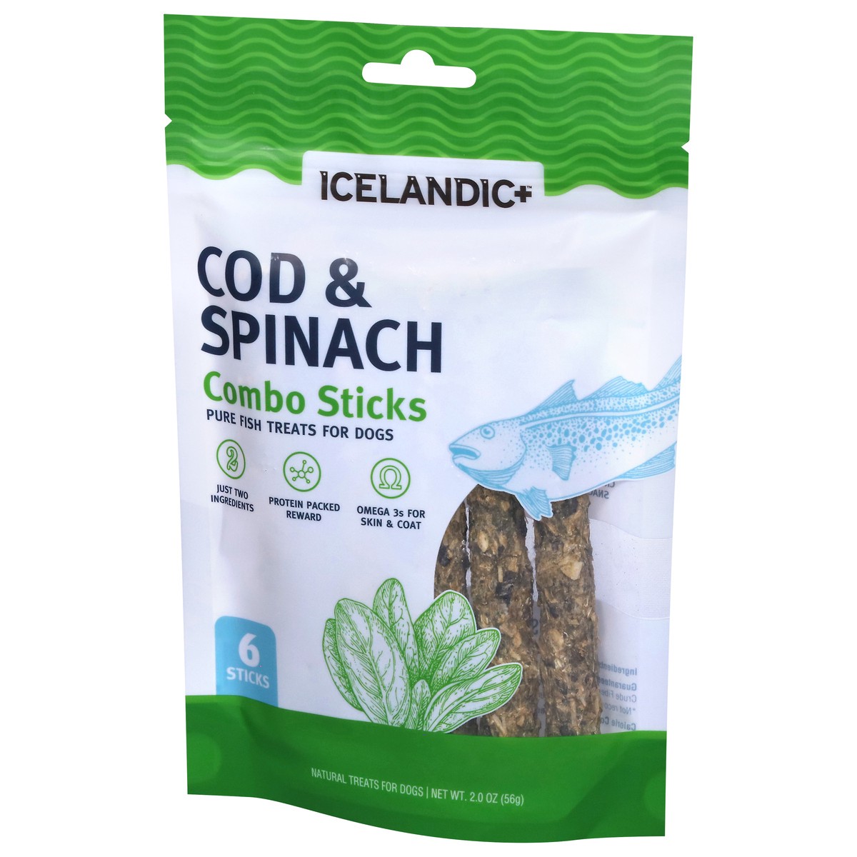 slide 4 of 4, Icelandic+ Combo Sticks Pure Fish Cod & Spinach Treats for Dogs 6 Sticks, 2.12 oz
