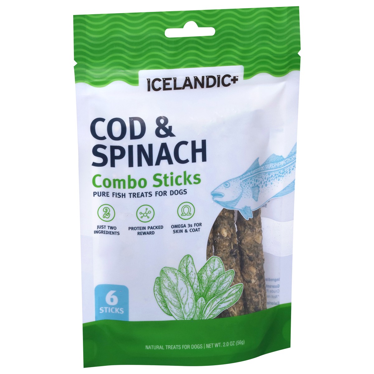 slide 3 of 4, Icelandic+ Combo Sticks Pure Fish Cod & Spinach Treats for Dogs 6 Sticks, 2.12 oz