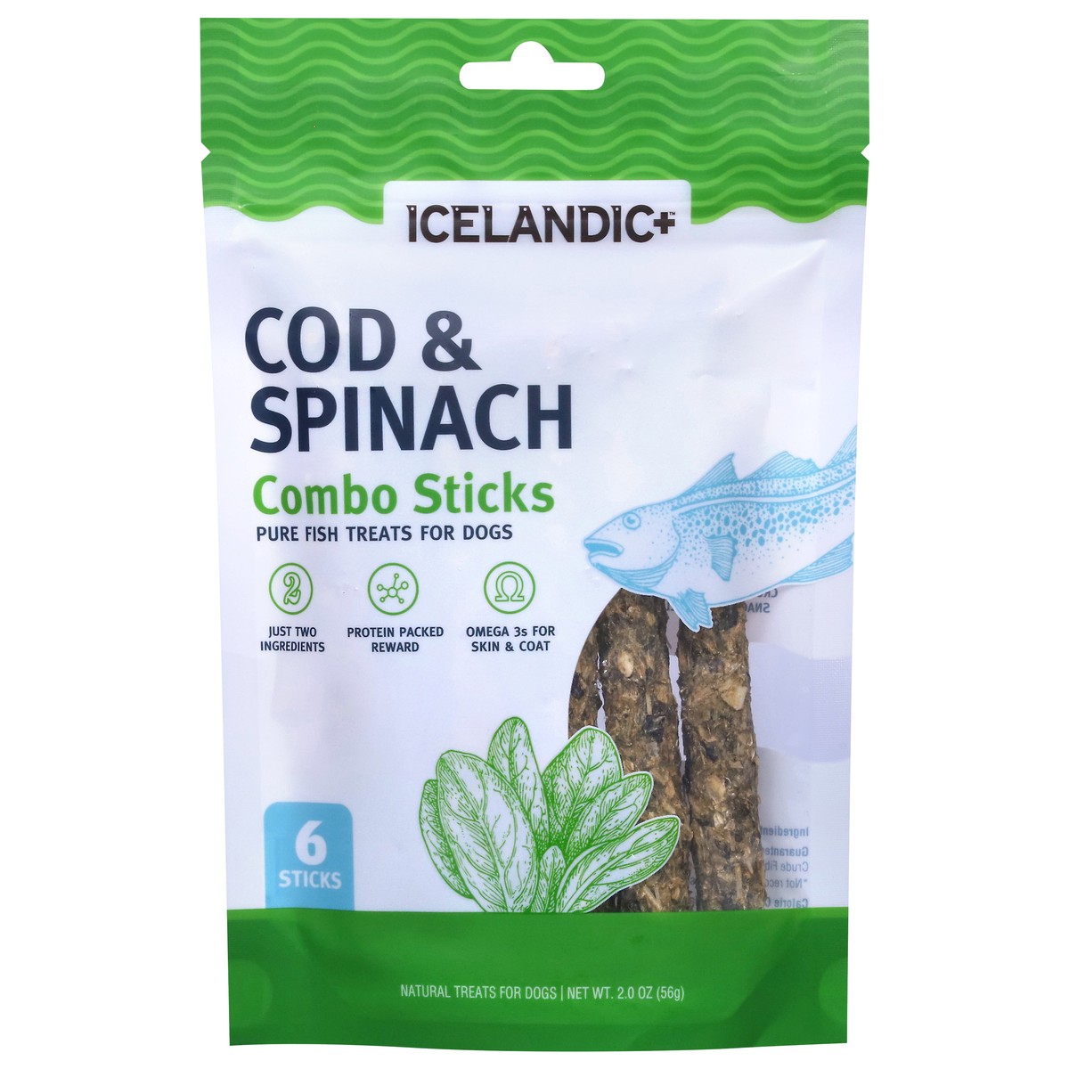 slide 1 of 4, Icelandic+ Combo Sticks Pure Fish Cod & Spinach Treats for Dogs 6 Sticks, 2.12 oz