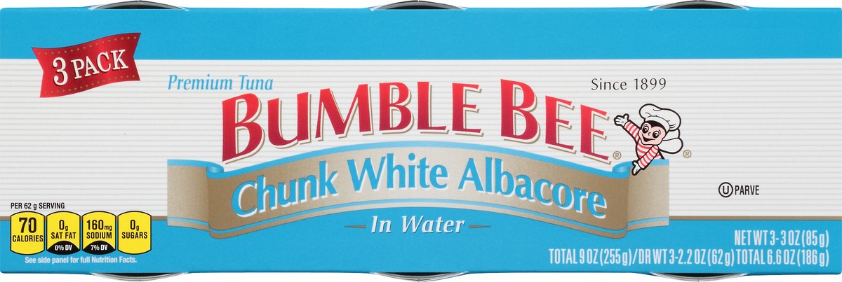 slide 8 of 11, Bumble Bee Chunk White Albacore in Water 3-3 oz. Cans Sleeve Cluster Pack, 9 oz