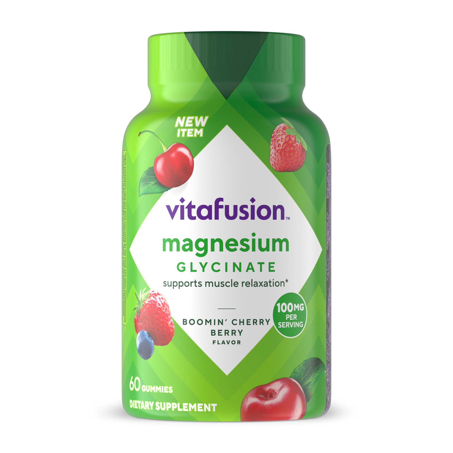 slide 1 of 5, vitafusion Magnesium Glycinate Gummy Supplement, 100 mg per Serving, Supports Muscle Relaxation, Boomin' Cherry Berry Flavor, 60 Count, 60 ct