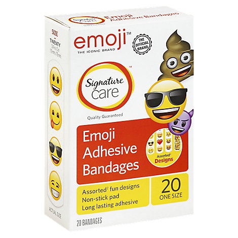 slide 1 of 1, Signature Care Adhesive Bandages Emoji One Size, 20 ct