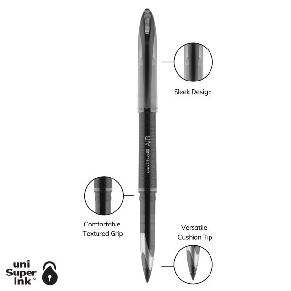 slide 5 of 8, uni-ball Air Rollerball Pens, Medium Point, 0.7 Mm, Black Barrel, Black Ink, Pack Of 3, 3 ct