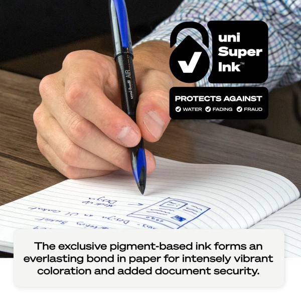 slide 7 of 8, uni-ball Air Rollerball Pens, Medium Point, 0.7 Mm, Black Barrel, Black Ink, Pack Of 3, 3 ct