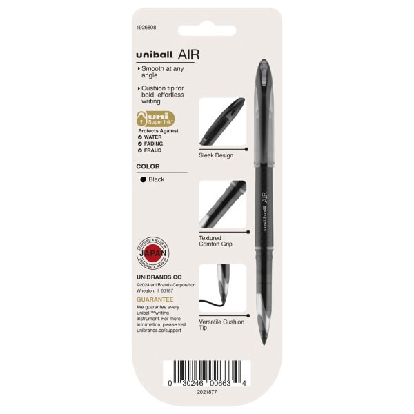 slide 2 of 8, uni-ball Air Rollerball Pens, Medium Point, 0.7 Mm, Black Barrel, Black Ink, Pack Of 3, 3 ct