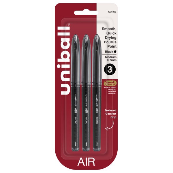 slide 1 of 8, uni-ball Air Rollerball Pens, Medium Point, 0.7 Mm, Black Barrel, Black Ink, Pack Of 3, 3 ct