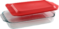 slide 1 of 1, Pyrex Sculpted Oblong Dish with Red Lid, 3 qt