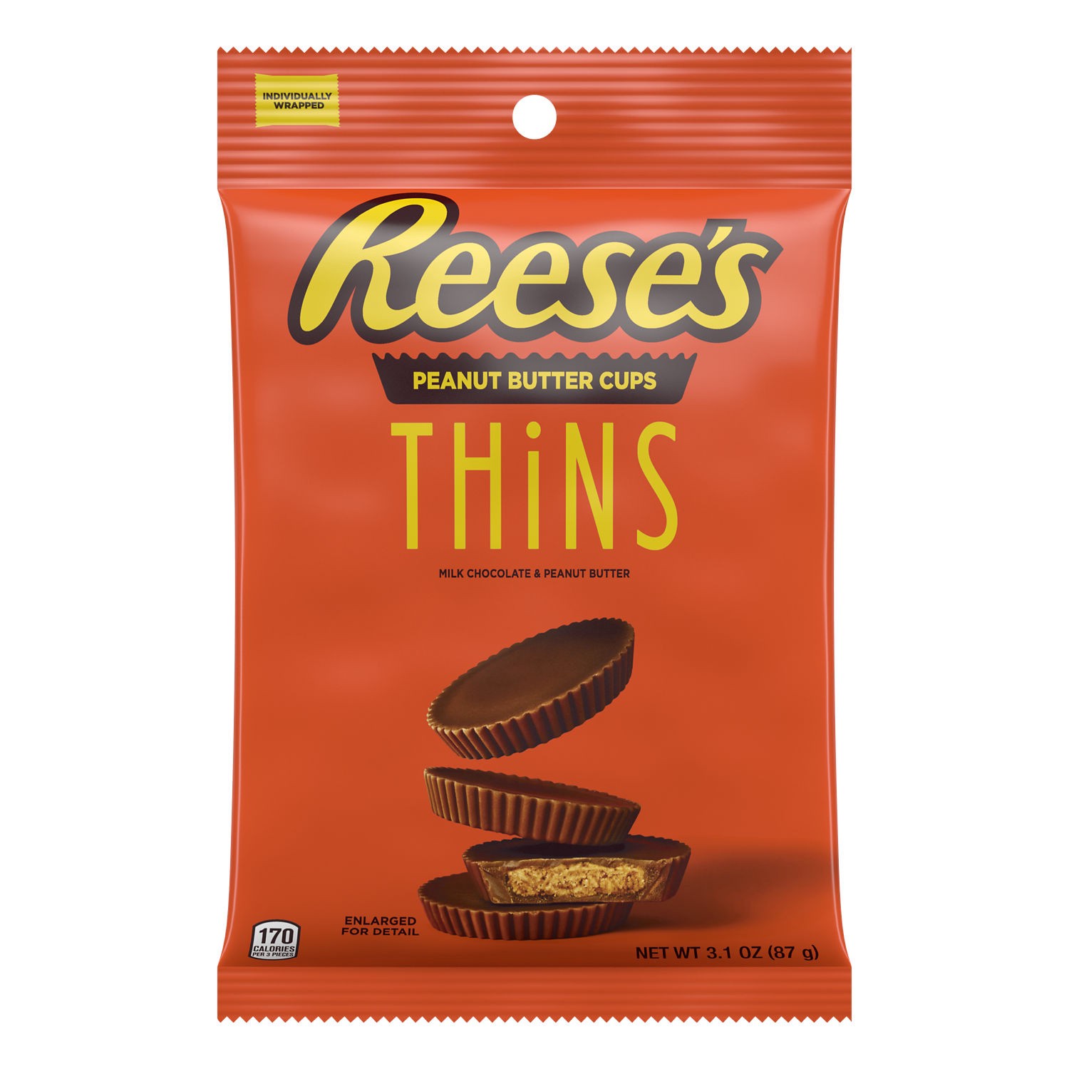 slide 1 of 4, Reese's THiNS Milk Chocolate Peanut Butter Cups, Candy Bag, 3.1 oz, 3.1 oz