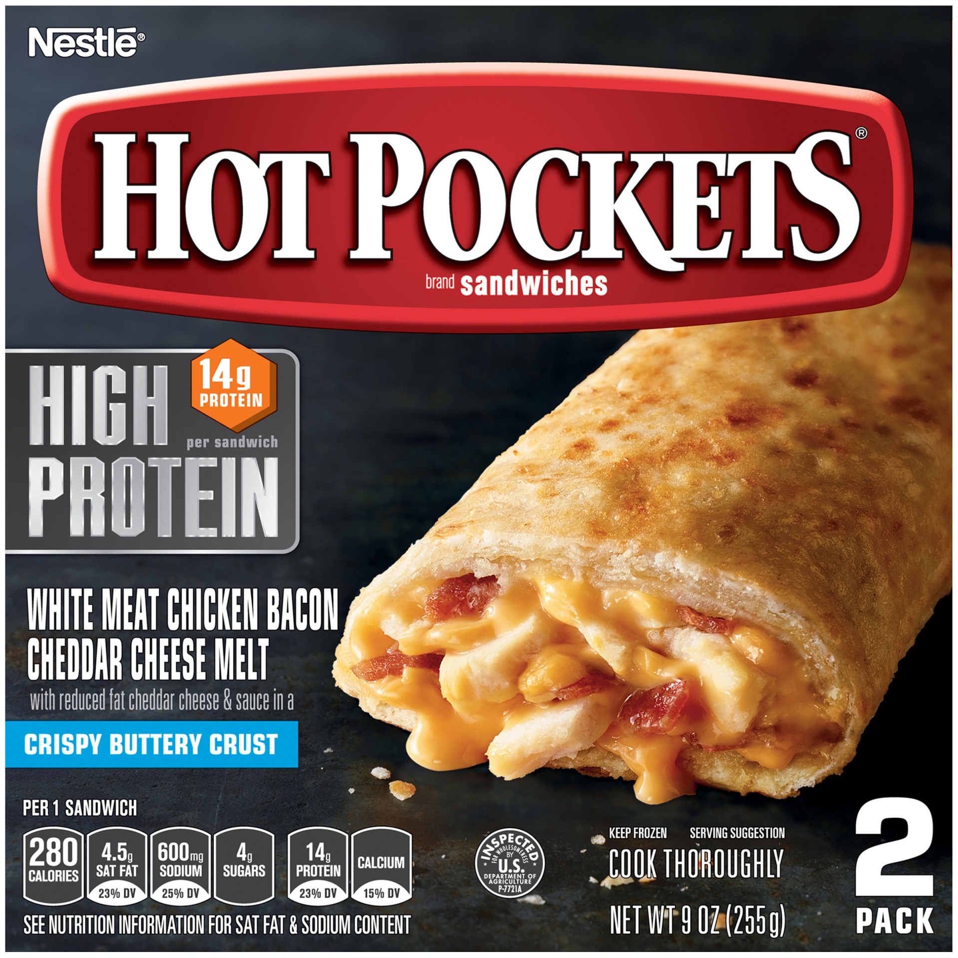 slide 1 of 1, Hot Pockets High Protein Chicken Bacon Cheddar Cheese Melt, 2 ct; 9 oz