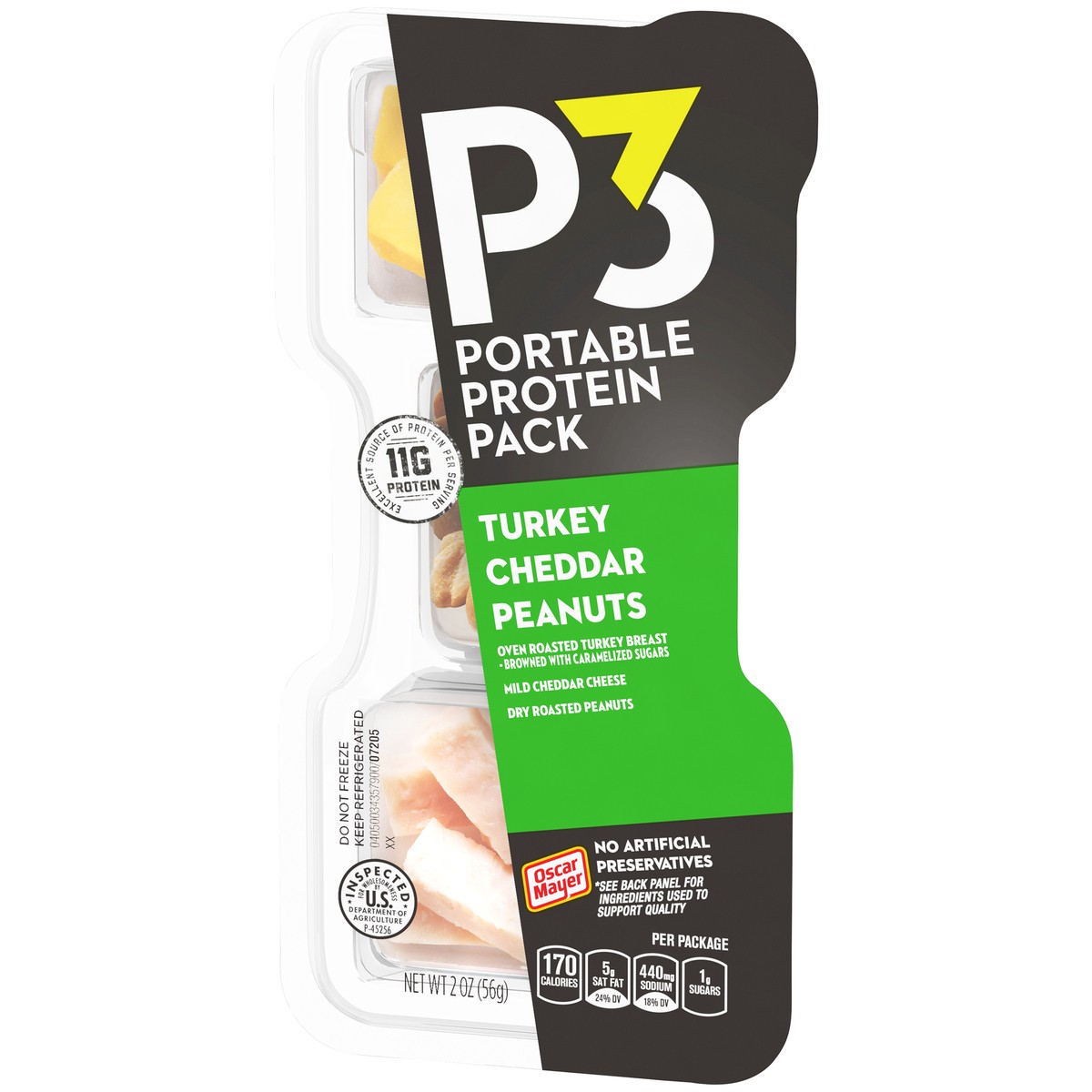 slide 5 of 9, P3 Portable Protein Snack Pack with Turkey, Peanuts & Cheddar Cheese, 2 oz Tray, 2 oz