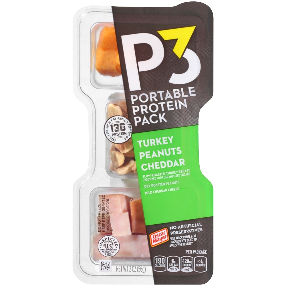 slide 1 of 4, P3 Portable Protein Snack Pack with Turkey, Peanuts & Cheddar Cheese Tray, 2 oz