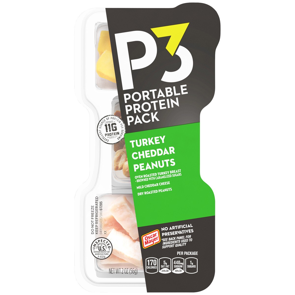 slide 6 of 9, P3 Portable Protein Snack Pack with Turkey, Peanuts & Cheddar Cheese, 2 oz Tray, 2 oz