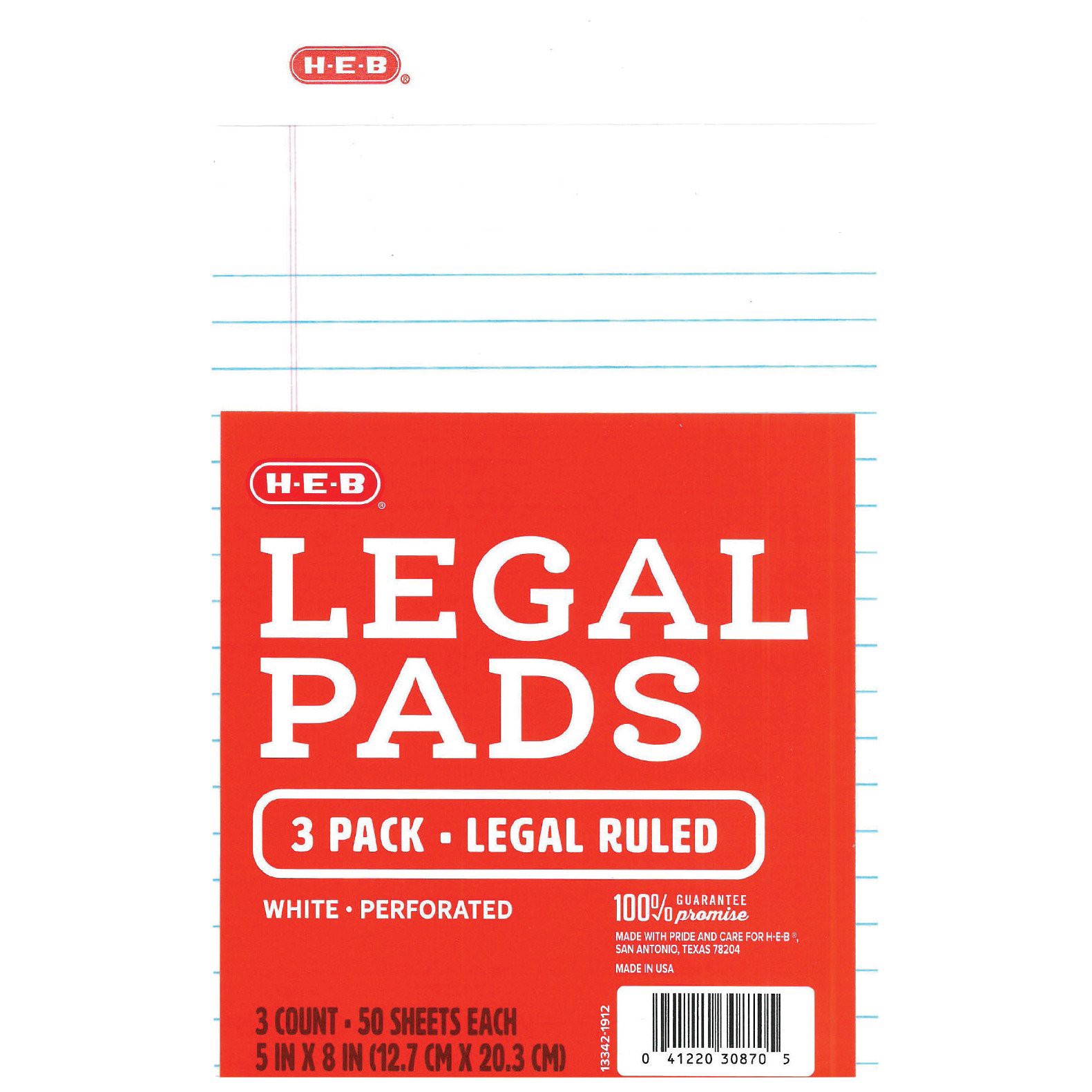slide 1 of 1, H-E-B 5 in x 8 in White Legal Pads, 50 ct, 3 ct