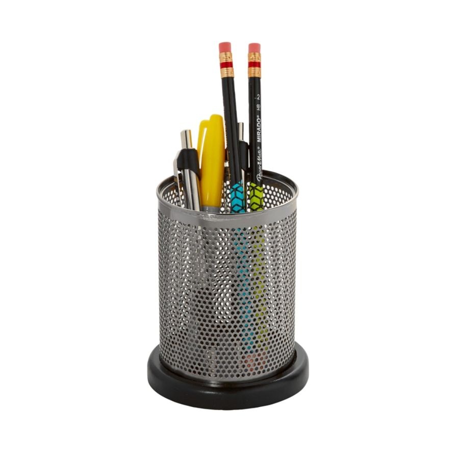 slide 2 of 3, Rolodex Distinctions Punched Metal And Wood Pencil Holder, Black/Pewter, 1 ct