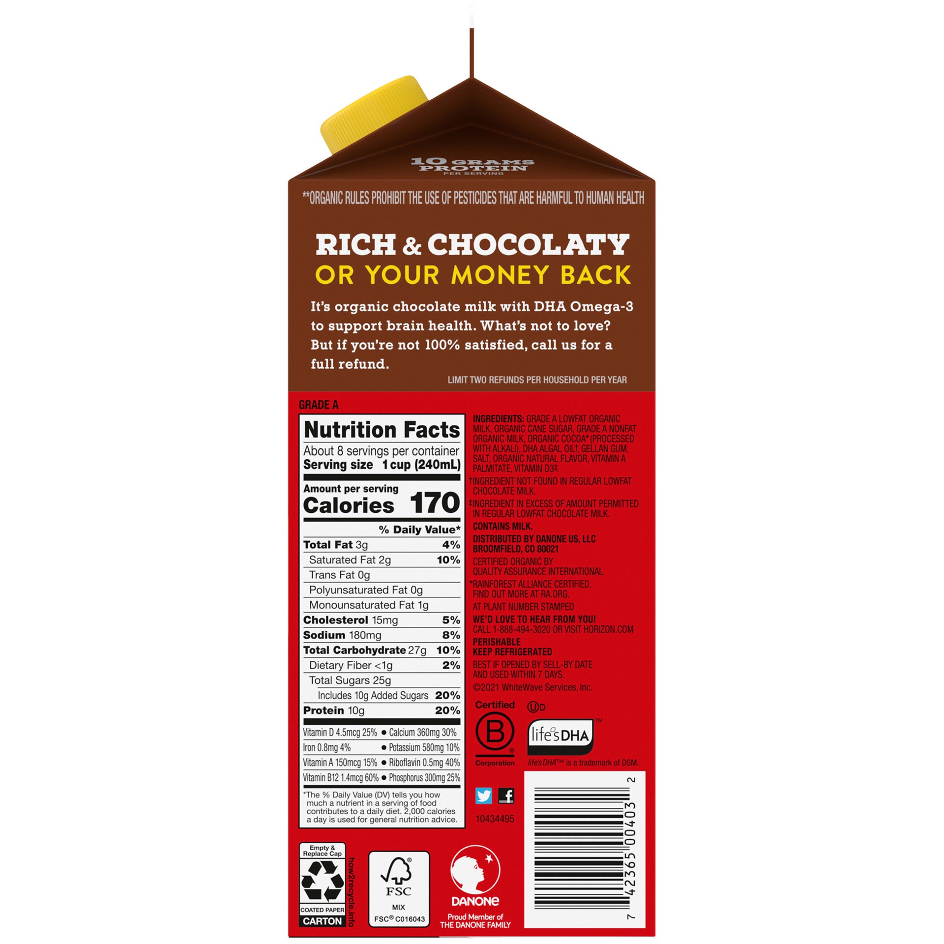 slide 2 of 5, Horizon Organic Milk Chocolate Milk Lowfat 1% DHA Omega-3, 1/2 gal