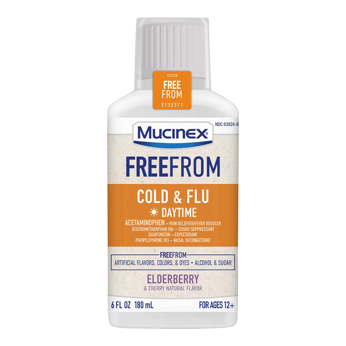 slide 1 of 2, Mucinex Freefrom Elderberry Cherry Flavor Daytime Cold Flu Liquid, 6 fl oz