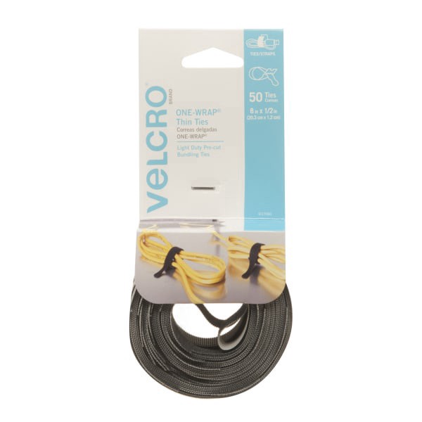 slide 1 of 3, VELCRO Brand One-Wrap Thin Ties, 8'' X 1/2'', Gray/Black, Pack Of 50 Ties, 50 ct