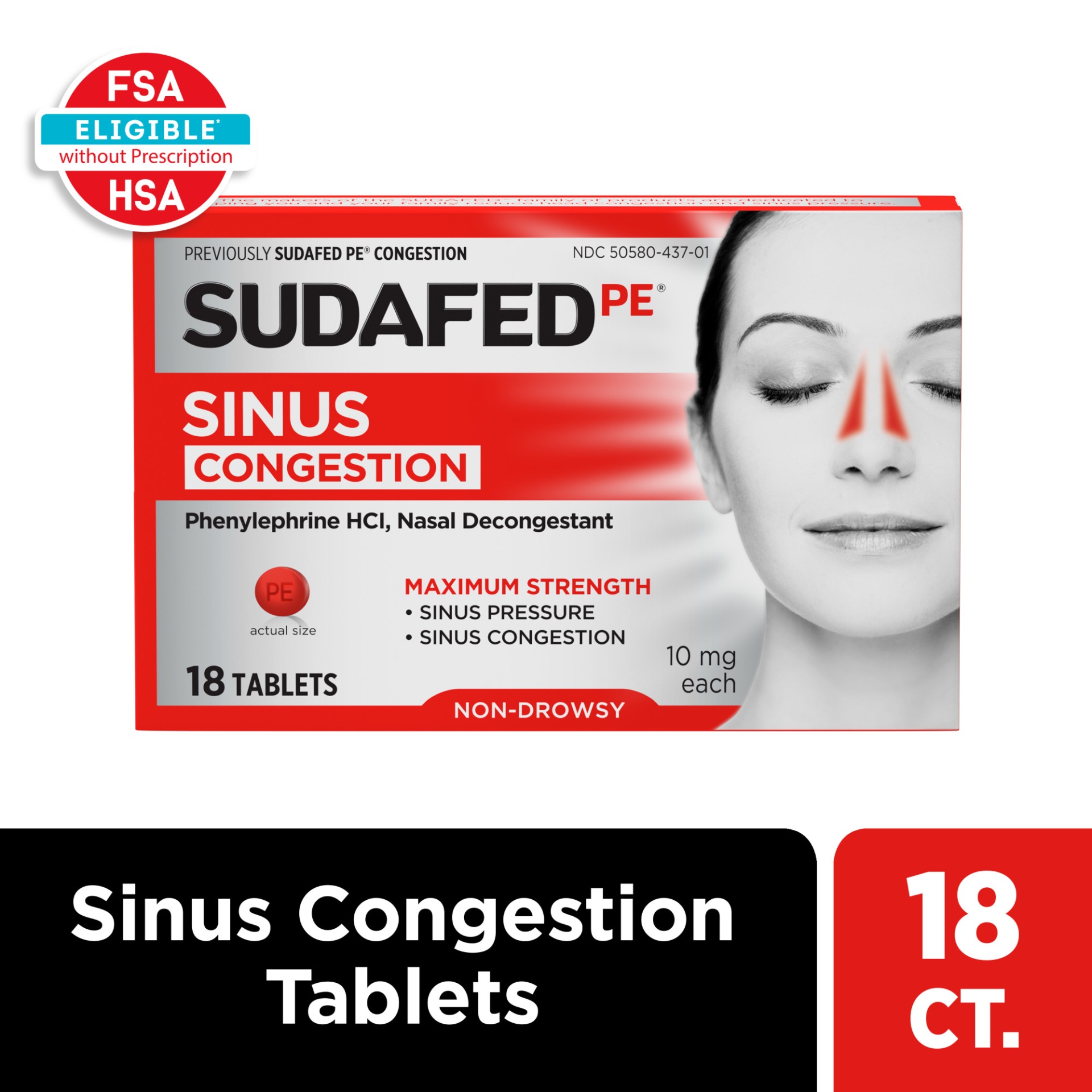 slide 1 of 4, Sudafed PE Sinus Congestion Maximum Strength Non-Drowsy Decongestant Tablets with 10 mg Phenylephrine HCl, Medicine Helps Relieve Sinus & Nasal Congestion & Sinus Pressure, 18 ct
